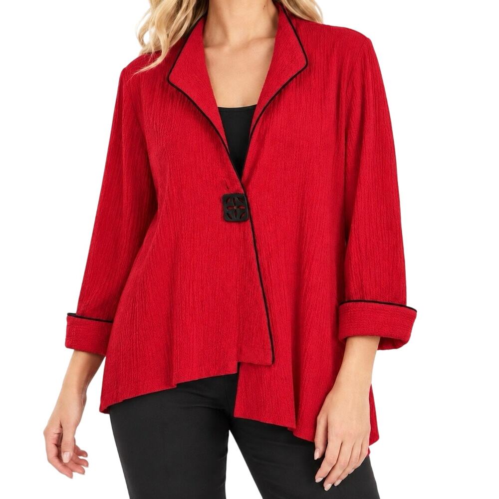 IC by Connie K XL Red Abstract Wearable Art to Wear Blouse Shirt Top Christmas